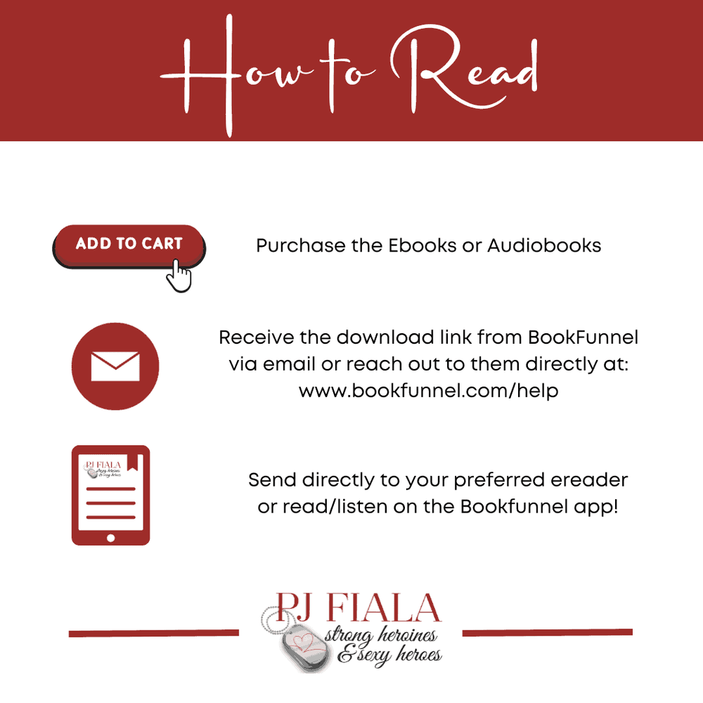 Instructional graphic titled “How to Read” from PJ Fiala. It includes three illustrated steps for readers: 1) Click “Add to Cart” to purchase ebooks or audiobooks, 2) Receive a download link from BookFunnel via email or contact their support, and 3) Send the book to your preferred ereader or enjoy it on the BookFunnel app. Branded with PJ Fiala’s logo and tagline “strong heroines & sexy heroes.”