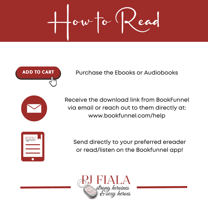 Instructional graphic titled “How to Read” from PJ Fiala. It includes three illustrated steps for readers: 1) Click “Add to Cart” to purchase ebooks or audiobooks, 2) Receive a download link from BookFunnel via email or contact their support, and 3) Send the book to your preferred ereader or enjoy it on the BookFunnel app. Branded with PJ Fiala’s logo and tagline “strong heroines & sexy heroes.”