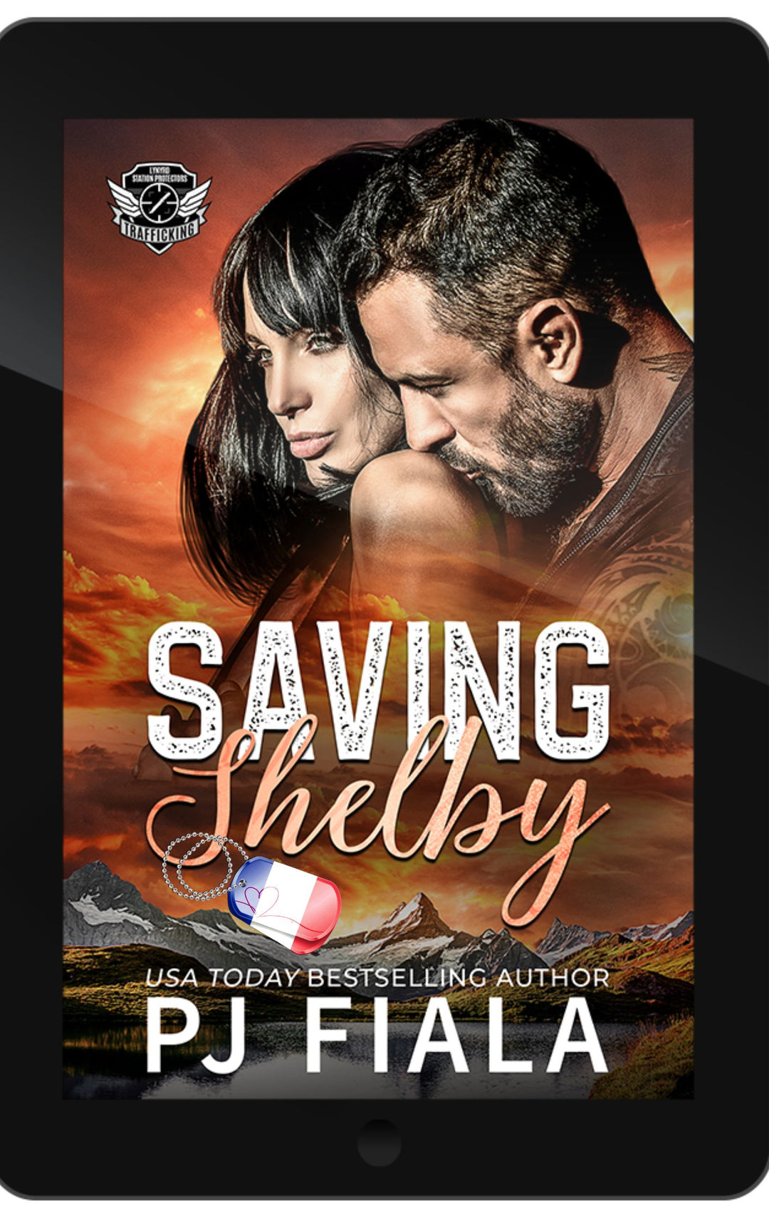 French edition ebook cover for Saving Shelby by PJ Fiala. Black textured background with the Lynyrd Station Protectors: Trafic humain series logo above the glowing orange title and the author's name below.