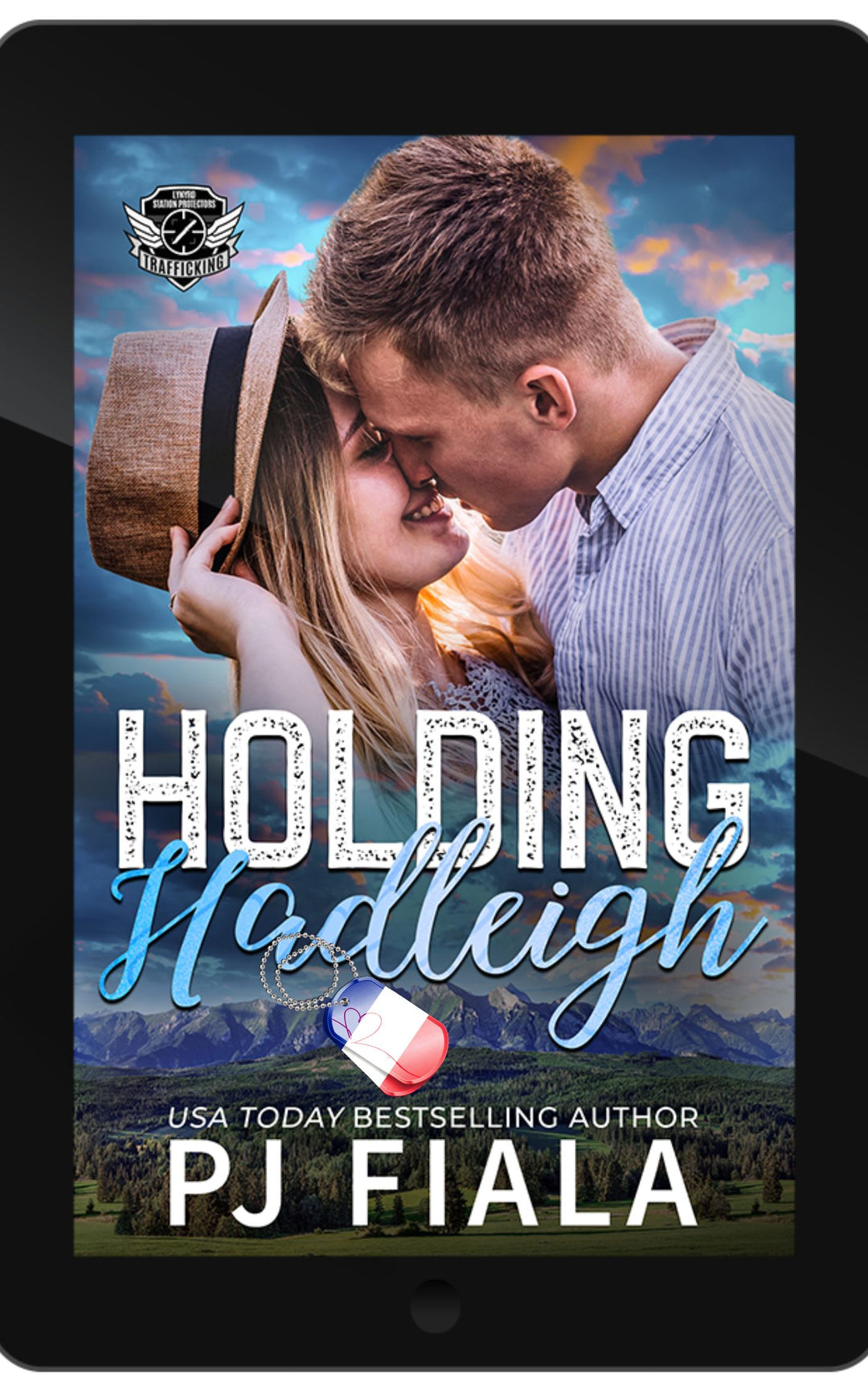 French edition ebook cover for Holding Hadleigh by PJ Fiala. Black textured background with the Lynyrd Station Protectors: Trafic humain series logo above the glowing orange title and the author's name below.