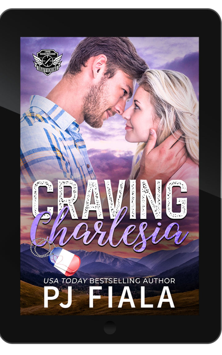 French edition ebook cover for Craving Charlesia by PJ Fiala. Black textured background with the Lynyrd Station Protectors: Trafic humain series logo above the glowing orange title and the author's name below.