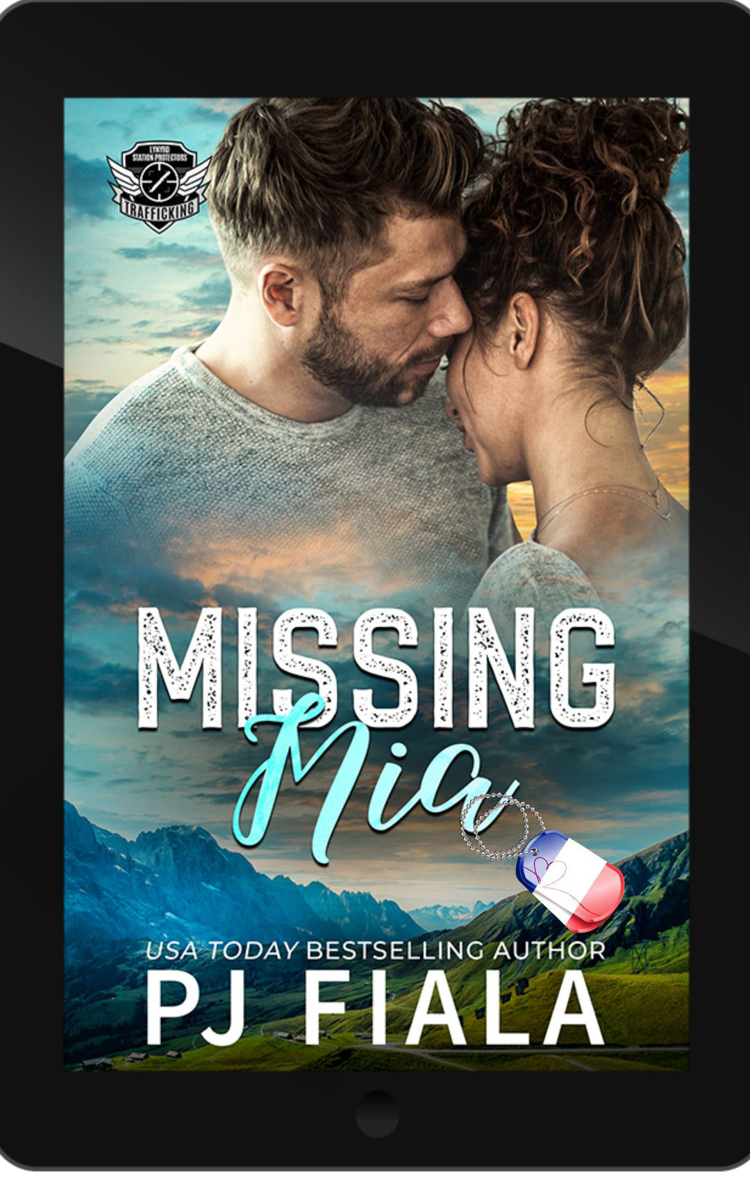 French edition ebook cover for Missing Mia by PJ Fiala. Black textured background with the Lynyrd Station Protectors: Trafic humain series logo above the glowing orange title and the author's name below.