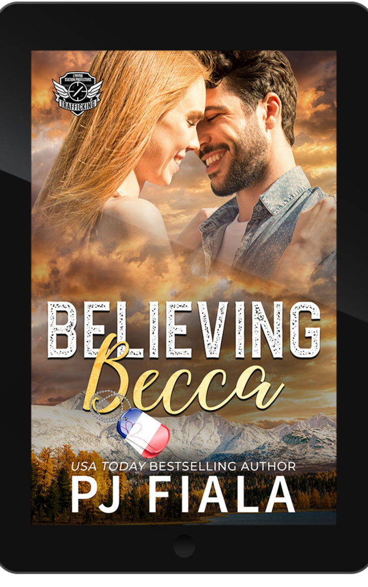 French edition ebook cover for Believing Becca by PJ Fiala. Black textured background with the Lynyrd Station Protectors: Trafic humain series logo above the glowing orange title and the author's name below.