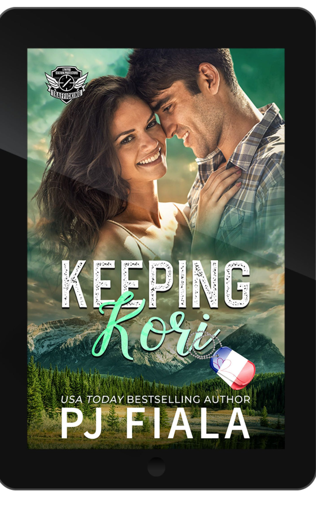 French edition ebook cover for Keeping Kori by PJ Fiala. Black textured background with the Lynyrd Station Protectors: Trafic humain series logo above the glowing orange title and the author's name below.