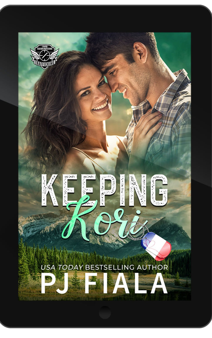French edition ebook cover for Keeping Kori by PJ Fiala. Black textured background with the Lynyrd Station Protectors: Trafic humain series logo above the glowing orange title and the author's name below.