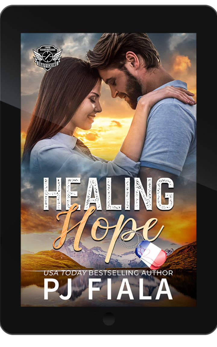 French edition ebook cover for Healing Hope by PJ Fiala. Black textured background with the Lynyrd Station Protectors: Trafic humain series logo above the glowing orange title and the author's name below.