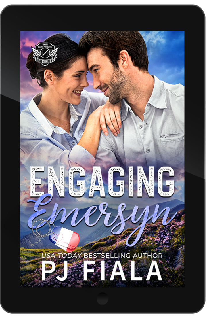 French edition ebook cover for Engaging Emersyn by PJ Fiala. Black textured background with the Lynyrd Station Protectors: Trafic humain series logo above the glowing orange title and the author's name below.