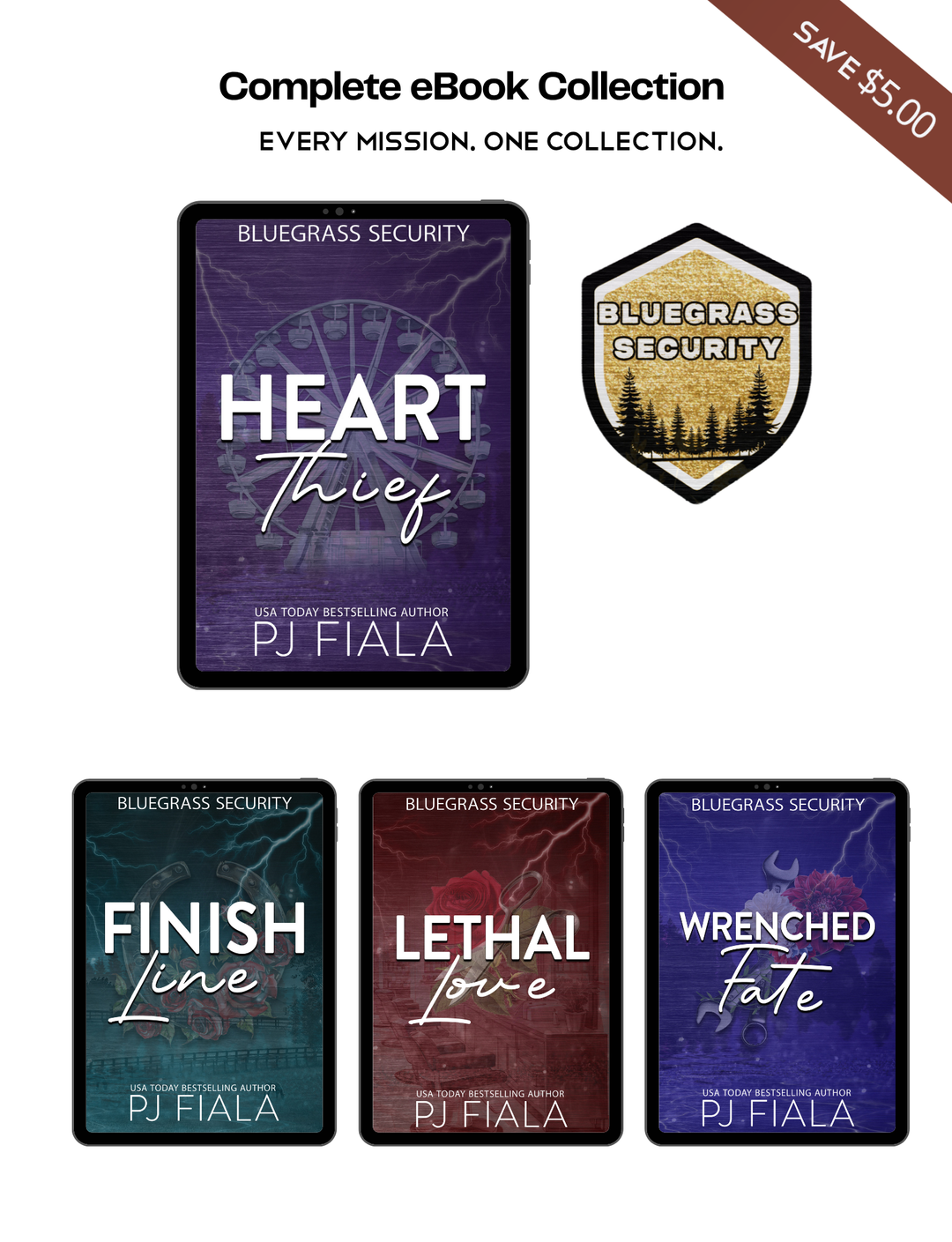 Promotional graphic for a complete eBook collection by PJ Fiala, showing four romance novel covers under the Bluegrass Security series on a white background, with a $5.00 savings banner in the top right corner.