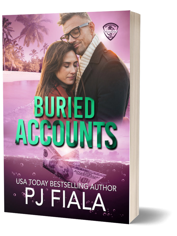 Paperback cover of Buried Accounts by PJ Fiala showing a dark coastal city skyline beneath palm trees on a purple night background. Green title lettering highlights a high-stakes romantic suspense story involving covert operatives, hidden money trails, danger, and small-town protector romance in the Blossom Springs: Shadow Ops series.