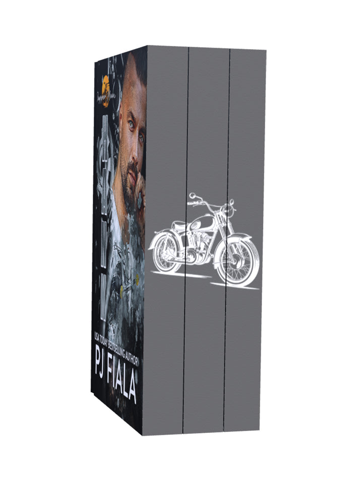 Promotional graphic for the Copper Moon Complete Paperback Collection by USA Today bestselling author PJ Fiala. Features the tagline "Every Mission. One Collection." A large image of the Hank paperback highlights the first book in the series, with the Copper Moon motorcycle logo displayed beside it. The remaining paperback covers, Colby and Brian, are shown below. A corner ribbon notes readers save $5 when purchasing the complete paperback collection.