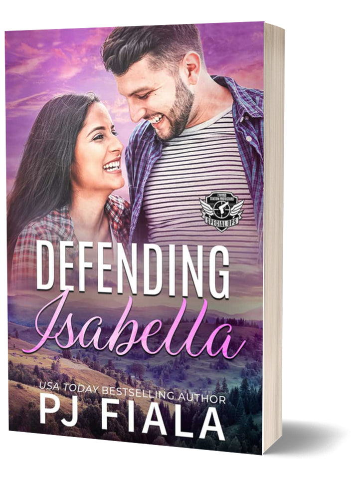 3D paperback of Defending Isabella by USA Today bestselling author PJ Fiala. A happy dark-haired couple shares a joyful smile while standing close together against a scenic landscape of rolling hills beneath a vivid purple and pink sky. Part of the Lynyrd Station Protectors: Special Ops series.