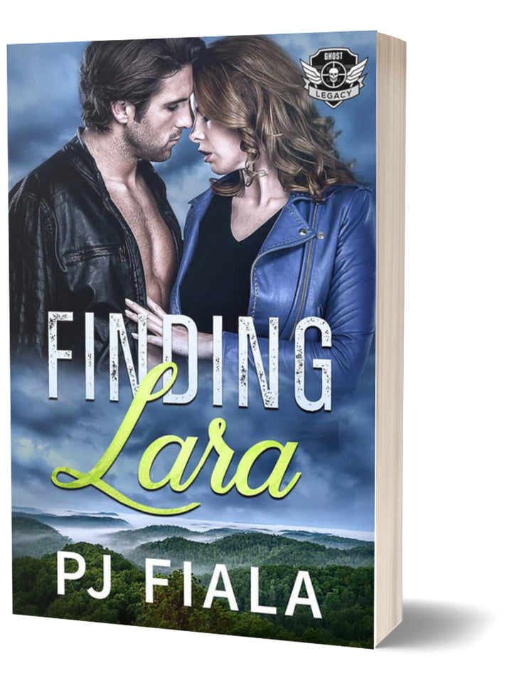 Paperback cover for Finding Lara by USA Today bestselling author PJ Fiala. A couple stands face to face beneath stormy skies overlooking rolling green hills, part of the Ghost Legacy romantic suspense series.