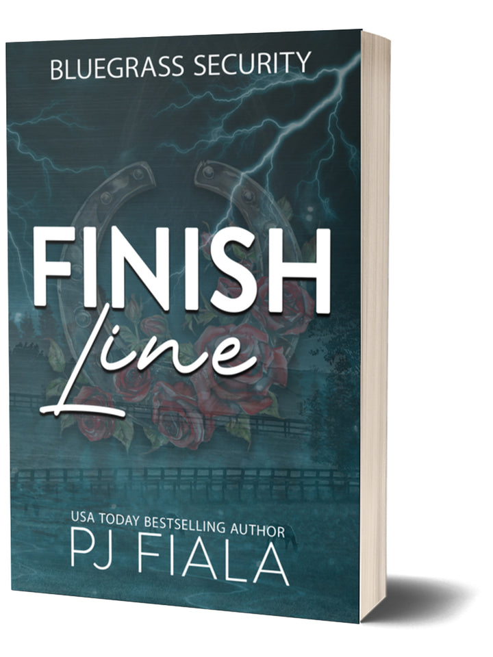 This image features the cover of a paperback novel titled "Finish Line" by PJ Fiala, a USA Today bestselling author. The cover design is striking, with a dark, moody background that includes a silhouette of a bridge and a stormy sky, suggesting themes of tension and drama.