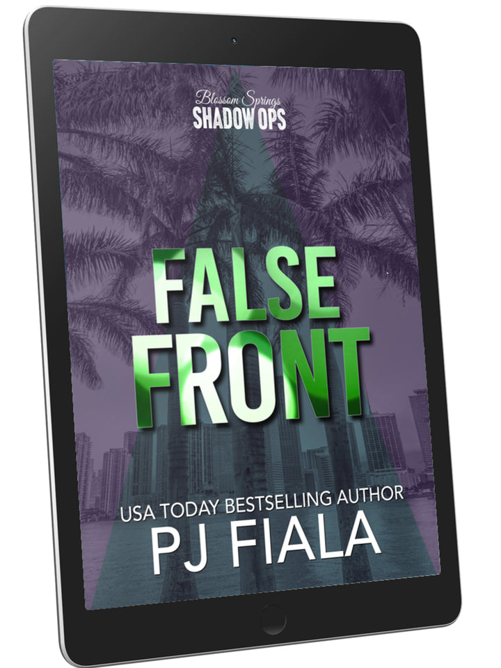 False Front ebook by USA Today bestselling author PJ Fiala, a romantic suspense novel featuring a protective hero, strong heroine, dangerous secrets, high-stakes suspense, and steamy romance.