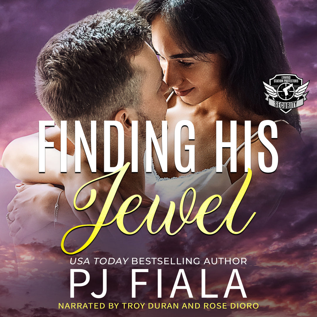 Audiobook cover for Finding His Jewel by USA Today bestselling author PJ Fiala, narrated by Troy Duran and Rose Dioro. A dark-haired couple shares a tender embrace beneath a vibrant purple sunset sky, with mountains in the distance. Part of the Lynyrd Station Protectors: Security series.