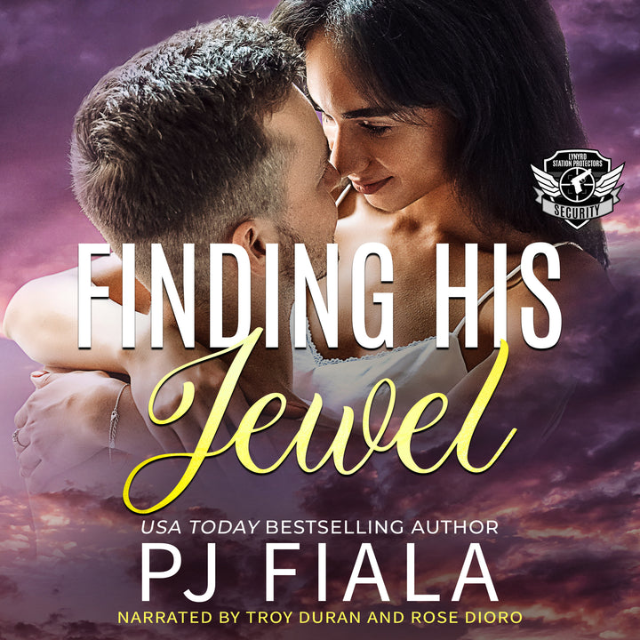 Audiobook cover for Finding His Jewel by USA Today bestselling author PJ Fiala, narrated by Troy Duran and Rose Dioro. A dark-haired couple shares a tender embrace beneath a vibrant purple sunset sky, with mountains in the distance. Part of the Lynyrd Station Protectors: Security series.