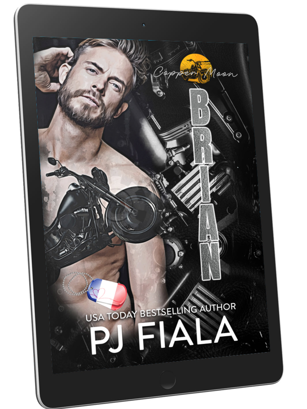 Couverture eBook de Brian par PJ Fiala, romance suspense à moto de la série Copper Moon, avec héros tourmenté, ambiance petite ville et seconde chance en amour.