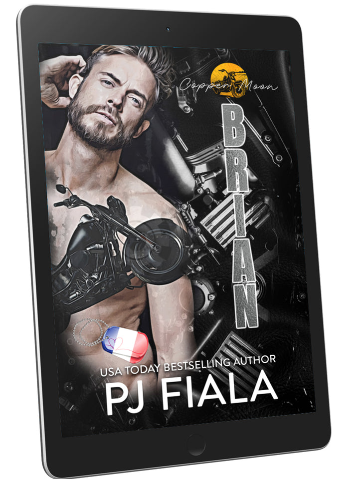 Couverture eBook de Brian par PJ Fiala, romance suspense à moto de la série Copper Moon, avec héros tourmenté, ambiance petite ville et seconde chance en amour.