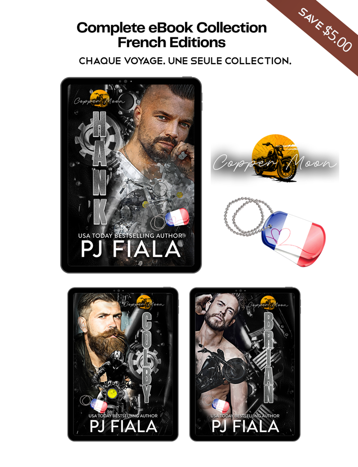 Copper Moon complete French ebook collection by PJ Fiala, featuring Hank, Colby, and Brian on ebook readers, with Copper Moon logo and French-edition dog tag graphic. Promotional image highlights a $5 savings.