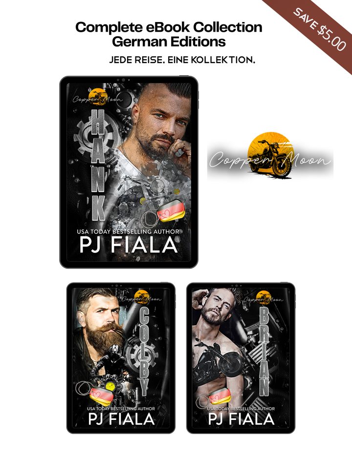 Komplette deutsche Copper Moon eBook-Kollektion von PJ Fiala mit den drei Romanen Hank, Colby und Brian auf eReadern. Die Grafik wirbt mit einer Ersparnis von 5 $.
