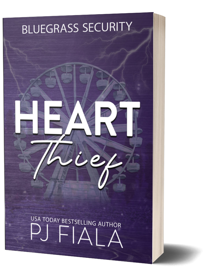 Paperback cover for Heart Thief by USA Today bestselling author PJ Fiala. Purple cover featuring a Ferris wheel under dramatic lightning-filled skies, representing the Bluegrass Security romantic suspense series.