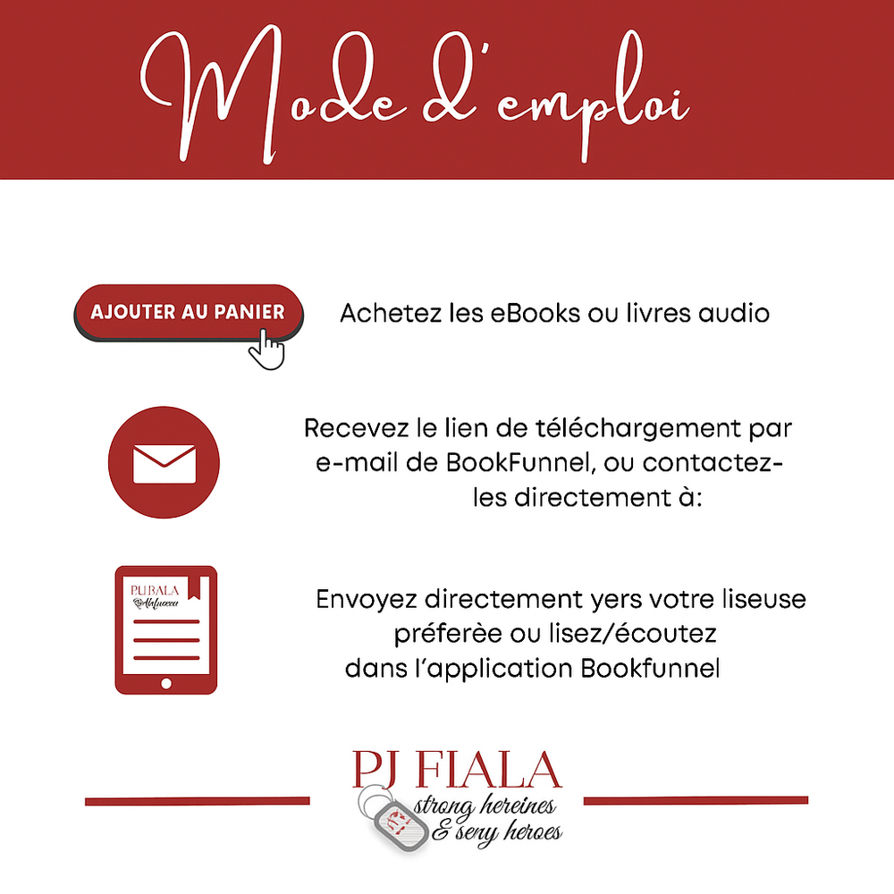 Infographie intitulée « Mode d’emploi » expliquant comment lire les ebooks ou livres audio achetés sur la boutique de PJ Fiala.
L’image présente trois étapes :
1️⃣ Un bouton rouge « Ajouter au panier » pour acheter les ebooks ou livres audio.
2️⃣ Une icône d’enveloppe pour indiquer que le lien de téléchargement est envoyé par e-mail via BookFunnel.
3️⃣ Une icône de liseuse pour montrer qu’on peut envoyer le livre vers sa liseuse préférée ou le lire/écouter dans l’application BookFunnel.
En bas figure le log