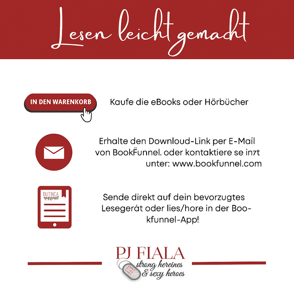 Ein deutschsprachiges Informationsbild mit rotem und weißem Design, das erklärt, wie man PJ Fialas eBooks oder Hörbücher liest. Oben steht der Titel „Lesen leicht gemacht“. Darunter befinden sich drei Schritte mit passenden Symbolen:
1️⃣ Eine rote Schaltfläche mit der Aufschrift „In den Warenkorb“ und einer Hand zeigt an, dass man die eBooks oder Hörbücher kaufen soll.
2️⃣ Ein rotes Briefsymbol steht für den Erhalt des Download-Links per E-Mail von BookFunnel mit dem Hinweis auf die Website www.bookfunnel.c