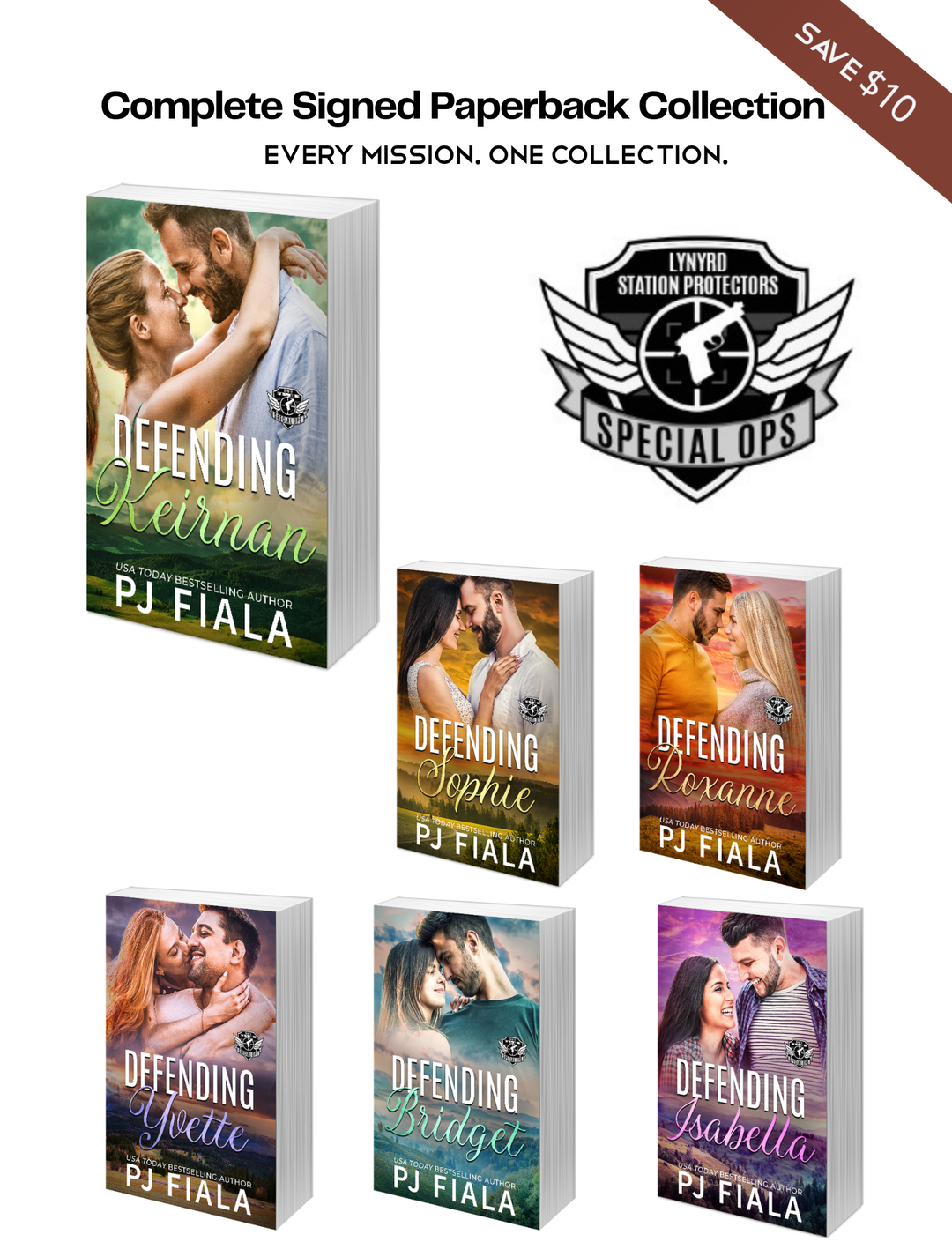 Promotional graphic for the Lynyrd Station Protectors: Special Ops Complete Paperback Collection by USA Today bestselling author PJ Fiala. Features the tagline "Every Mission. One Collection." A large image of the paperback edition of Defending Keirnan highlights the first book in the series, with the Special Ops series logo displayed beside it. The remaining paperback covers—Defending Sophie, Defending Roxanne, Defending Yvette, Defending Bridget, and Defending Isabella—are arranged below. A corner ribbon 
