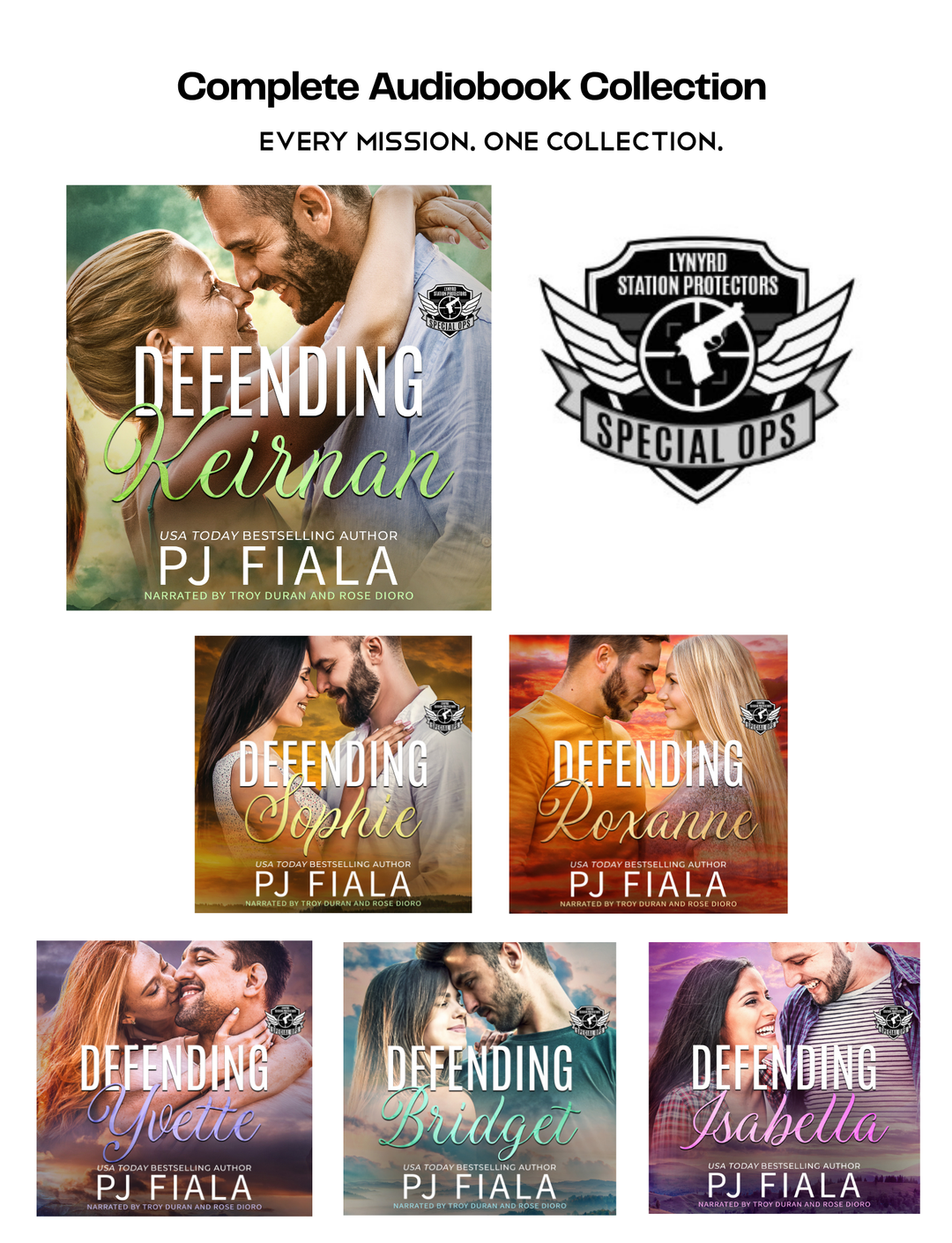 Promotional graphic for the Lynyrd Station Protectors: Special Ops Complete Audiobook Collection by USA Today bestselling author PJ Fiala. Features the tagline "Every Mission. One Collection." A large image of the audiobook cover for Defending Keirnan highlights the first book in the series, with the Special Ops series logo displayed beside it. The remaining audiobook covers—Defending Sophie, Defending Roxanne, Defending Yvette, Defending Bridget, and Defending Isabella—are arranged below.