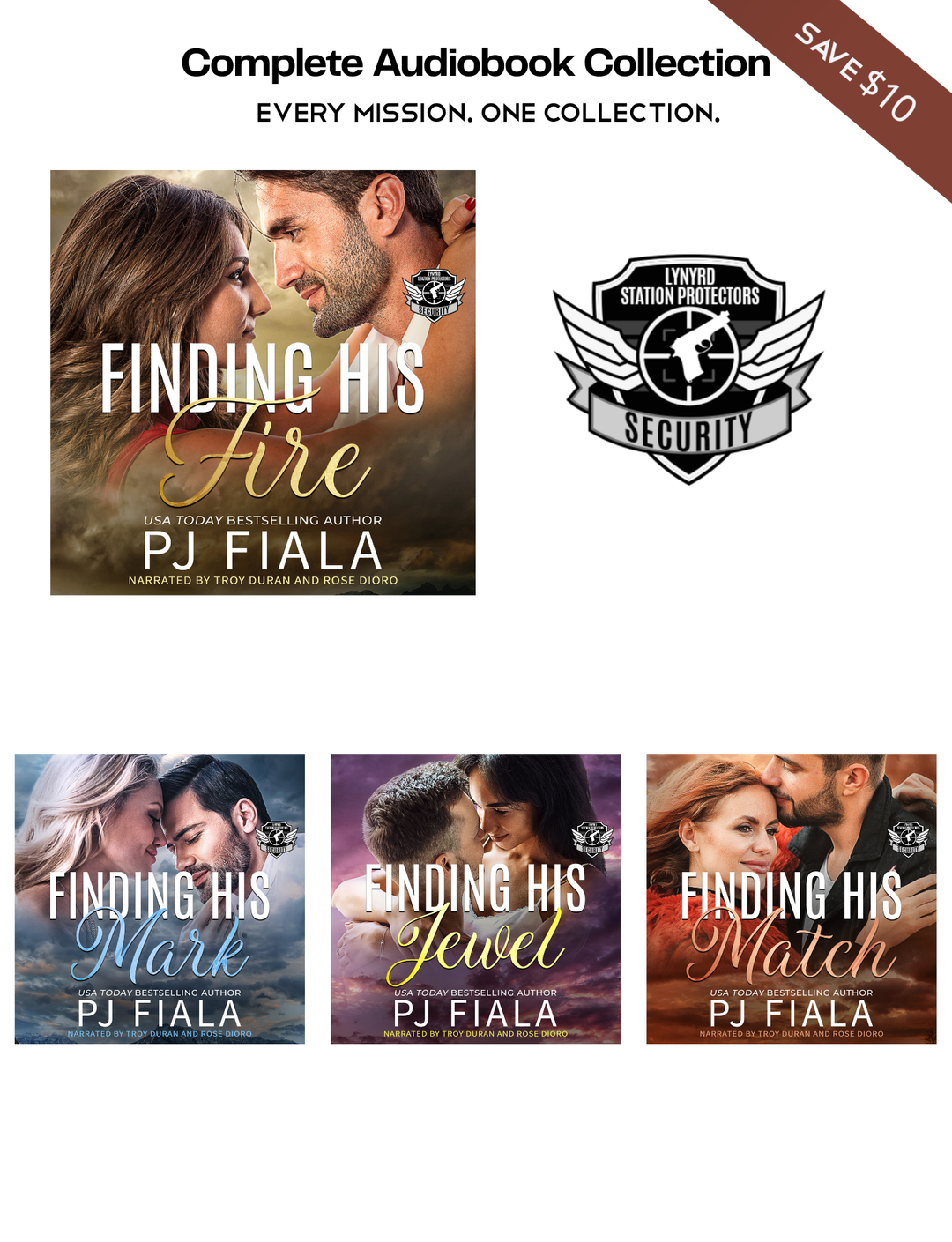  Complete Lynyrd Station Protectors: Security audiobook bundle featuring Finding His Fire, Finding His Mark, Finding His Jewel, and Finding His Match by USA Today bestselling author PJ Fiala. 