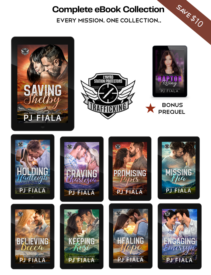 Promotional graphic for the Lynyrd Station Protectors: Trafficking Complete eBook Collection by PJ Fiala. Displays all nine eBook covers plus the bonus prequel Raptor Rising, alongside the series logo. Tagline reads, "Every Mission. One Collection." Banner notes "Save $10."