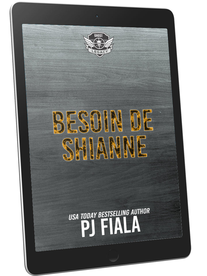 Tablet displaying the French eBook cover of Besoin de Shianne by USA Today bestselling author PJ Fiala, part of the GHOST Legacy romantic suspense series. The design features bold yellow typography on a brushed steel background with the GHOST Legacy emblem above the title. French protector romance, suspenseful military love story, ebook edition. Keywords: Besoin de Shianne ebook, romantic suspense français, PJ Fiala GHOST Legacy, protection romance, thriller romantique ebook.
