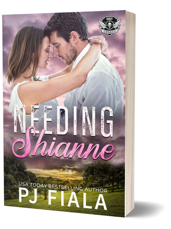 Paperback cover for Needing Shianne by USA Today bestselling author PJ Fiala. A smiling brunette woman and a dark-haired man embrace forehead to forehead beneath a purple sunset sky above a peaceful park, part of the Ghost Legacy romantic suspense series.