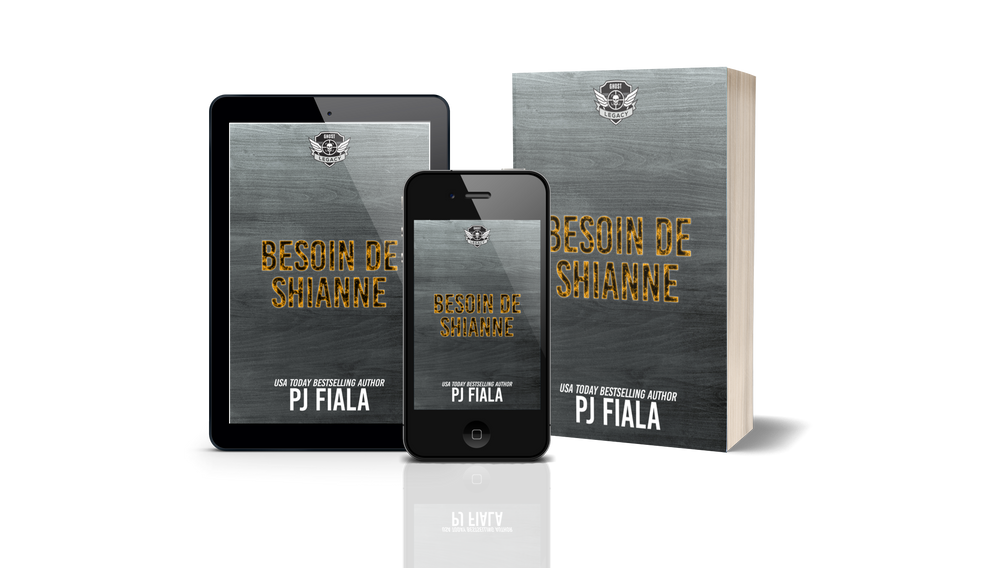 French edition format bundle of Besoin de Shianne by PJ Fiala, including a paperback, tablet eBook, and mobile version. The cover design features bold yellow lettering on a metallic-textured gray background with the GHOST Legacy emblem. Romantic suspense novel in French featuring elite operatives and emotional stakes. Keywords: Besoin de Shianne French bundle, PJ Fiala format group, GHOST Legacy série, romantic thriller français, ebook et livre broché ensemble.
