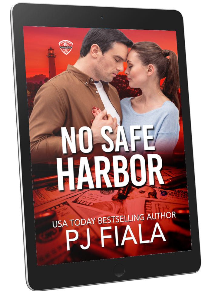 Ebook cover of No Safe Harbor by USA Today bestselling author PJ Fiala. Red-toned nighttime city skyline framed by palm trees with bold white title text, a romantic suspense novel featuring covert operations, relentless danger, elite operatives, and protective heroes in the Blossom Springs: Shadow Ops series.Ebook cover of No Safe Harbor by USA Today bestselling author PJ Fiala. Red-toned nighttime city skyline framed by palm trees with bold white title text, a romantic suspense novel featuring covert opera