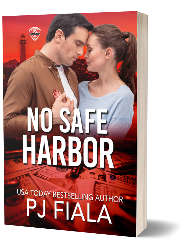 Paperback cover of No Safe Harbor by PJ Fiala showing a dark coastal city skyline beneath palm trees against a red night sky. White title lettering signals a high-stakes romantic suspense story with covert operatives, hidden threats, and small-town protector romance in the Blossom Springs: Shadow Ops series.