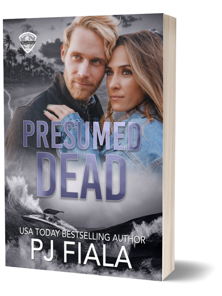 Paperback cover of Presumed Dead by PJ Fiala showing a moody coastal city skyline beneath palm trees at night. Purple title lettering highlights a high-stakes romantic suspense story with secret identities, covert operatives, danger, and small-town protector romance in the Blossom Springs: Shadow Ops series.
