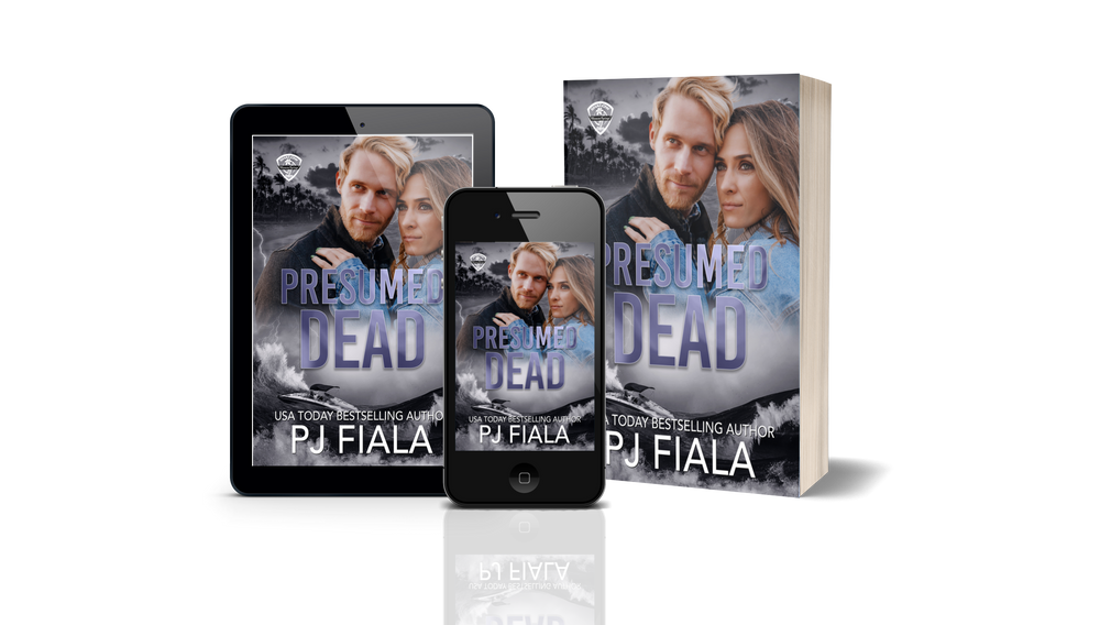 Promotional image for Presumed Dead by USA Today bestselling author PJ Fiala, displaying the cover on an e-reader, smartphone, and paperback. The cover features a blond man protectively embracing a brunette woman against a stormy coastal backdrop with crashing waves, lightning, and dark clouds, highlighting the romantic suspense theme.