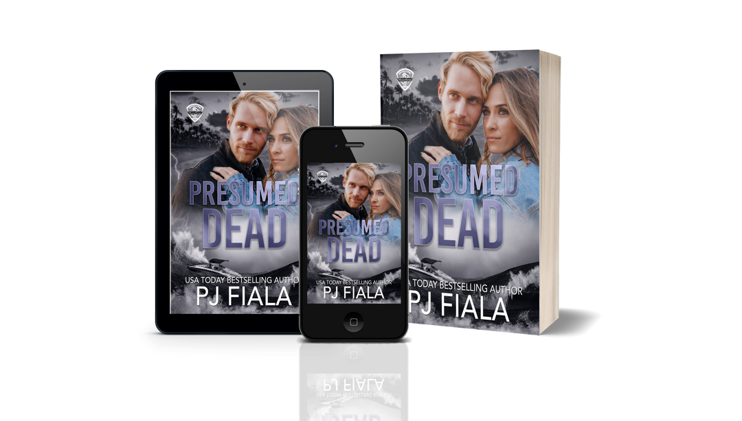 Promotional image for Presumed Dead by USA Today bestselling author PJ Fiala, displaying the cover on an e-reader, smartphone, and paperback. The cover features a blond man protectively embracing a brunette woman against a stormy coastal backdrop with crashing waves, lightning, and dark clouds, highlighting the romantic suspense theme.