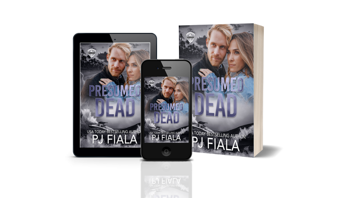 Promotional image for Presumed Dead by USA Today bestselling author PJ Fiala, displaying the cover on an e-reader, smartphone, and paperback. The cover features a blond man protectively embracing a brunette woman against a stormy coastal backdrop with crashing waves, lightning, and dark clouds, highlighting the romantic suspense theme.