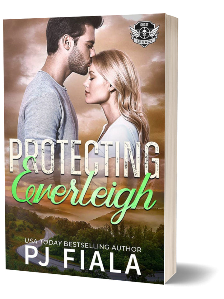 Paperback cover for Protecting Everleigh by USA Today bestselling author PJ Fiala. A couple shares a quiet, tender moment beneath warm golden skies overlooking a winding country road, part of the Ghost Legacy romantic suspense series.