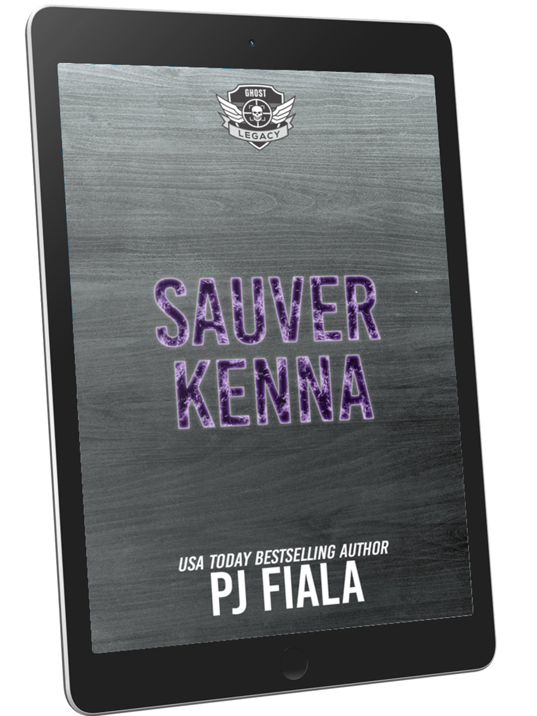 Couverture de l’ebook Sauver Kenna de PJ Fiala, roman à suspense romantique traduit en français, avec un fond en bois gris et le titre en lettres violettes texturées. Partie de la série GHOST Legacy, cette romance militaire met en scène des héros protecteurs dans une petite ville. Format numérique, idéal pour Kindle, Kobo, Apple Books et tous les lecteurs d’ebooks.
 ebook suspense romantique français, romance militaire, héros protecteurs, série GHOST Legacy, PJ Fiala, ebook français, petite 