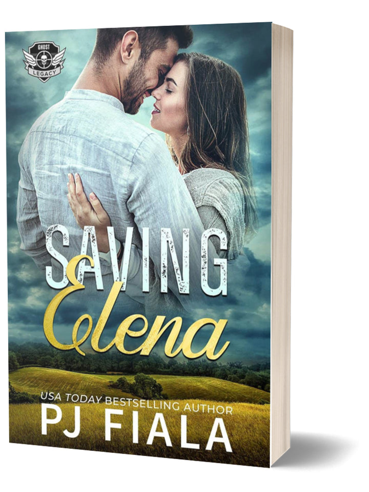 Paperback cover for Saving Elena by USA Today bestselling author PJ Fiala. A loving couple embraces beneath dramatic blue-gray skies overlooking golden rolling hills, part of the Ghost Legacy romantic suspense series.
