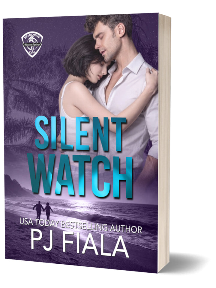  Paperback edition of Silent Watch by PJ Fiala featuring a romantic couple in an embrace against a nighttime beach scene, highlighting this romantic suspense novel from the Blossom Springs Shadow Ops series.