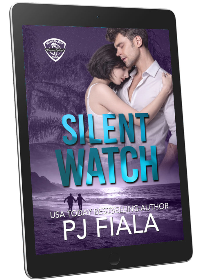 Digital ebook display of Silent Watch by PJ Fiala shown on a tablet, featuring a romantic couple embracing on a moonlit beach with a purple and blue color palette.