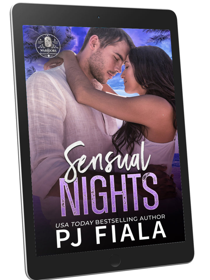  eBook mockup of Sensual Nights by USA Today bestselling author PJ Fiala displayed on a black tablet. The cover features a couple embracing on a tropical beach at dusk, highlighting this steamy romantic suspense in the Warriors of Blossom Springs series.