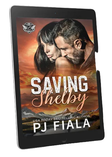 Digital eBook cover for Saving Shelby by USA Today bestselling author PJ Fiala. A dark-haired woman gazes into the distance while a rugged, bearded man leans close, his lips brushing her shoulder in a protective embrace. A dramatic orange sunset glows over rugged mountains beneath the title. Part of the Lynyrd Station Protectors: Trafficking series.