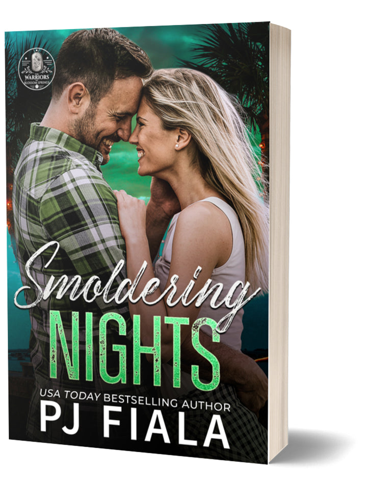Paperback mockup of Smoldering Nights by USA Today bestselling author PJ Fiala. The cover depicts a joyful couple embracing beneath a tropical night sky with palm trees, showcasing this steamy small-town romantic suspense novel in the Warriors of Blossom Springs series.
