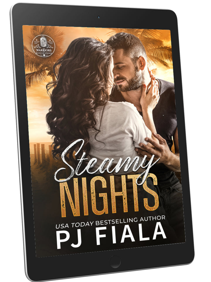 Romantic book cover for Steamy Nights by PJ Fiala featuring a couple in an intimate embrace at sunset with palm trees in the background, conveying a passionate, steamy romance tone.