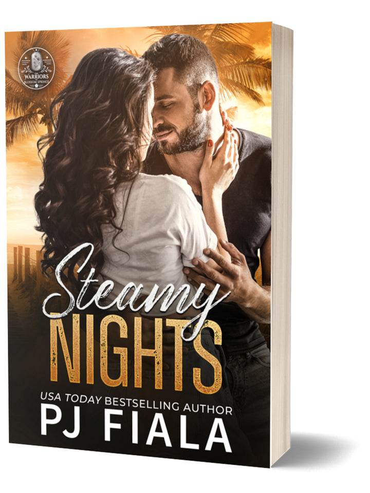 Paperback mockup of Steamy Nights by USA Today bestselling author PJ Fiala. The cover depicts a romantic couple embracing beneath palm trees at sunset, highlighting this steamy small-town romantic suspense novel.